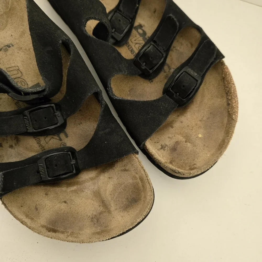 Birkenstocks Newalk Women's Size 7.5 38 Black Leather Suede Triple Strap Sandals - Picture 6 of 9